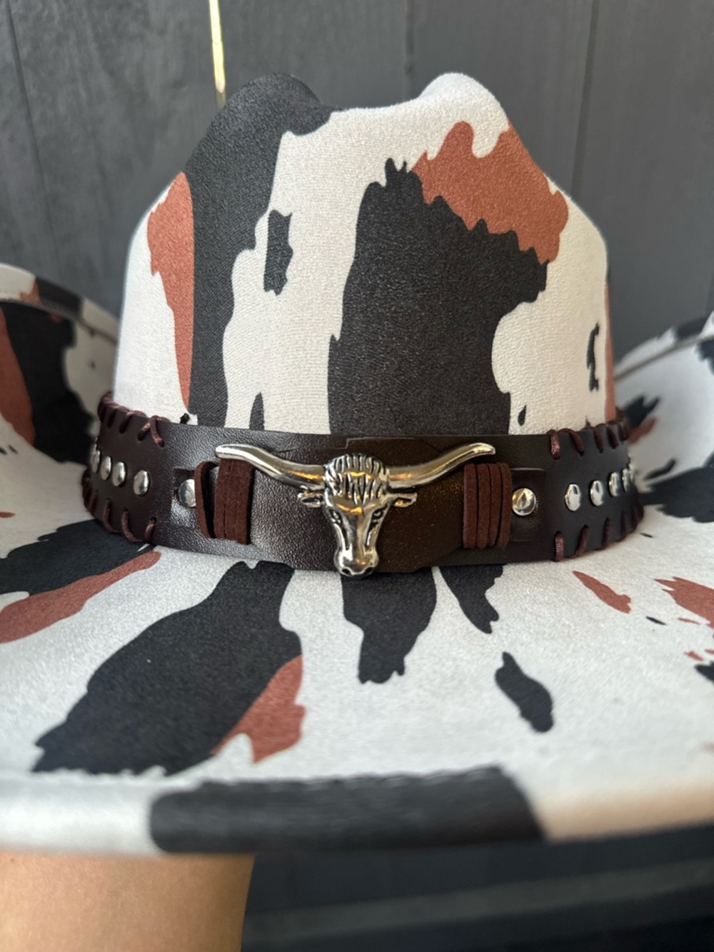 New! π Multi Cow Print Cowboy Hat w/ Bull Head Accent π€ β¨ - Picture 4 of 4